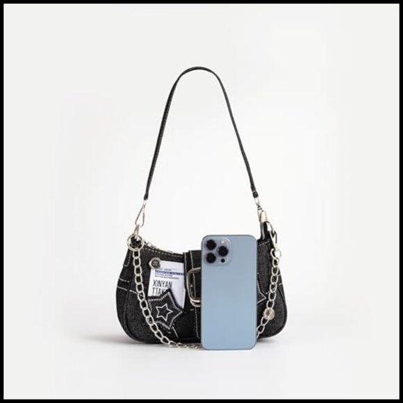 Y2K Mini Shoulder Bag Star Embroidery Retro Goth Style Chain Strap Purse - Picture 4 of 6
